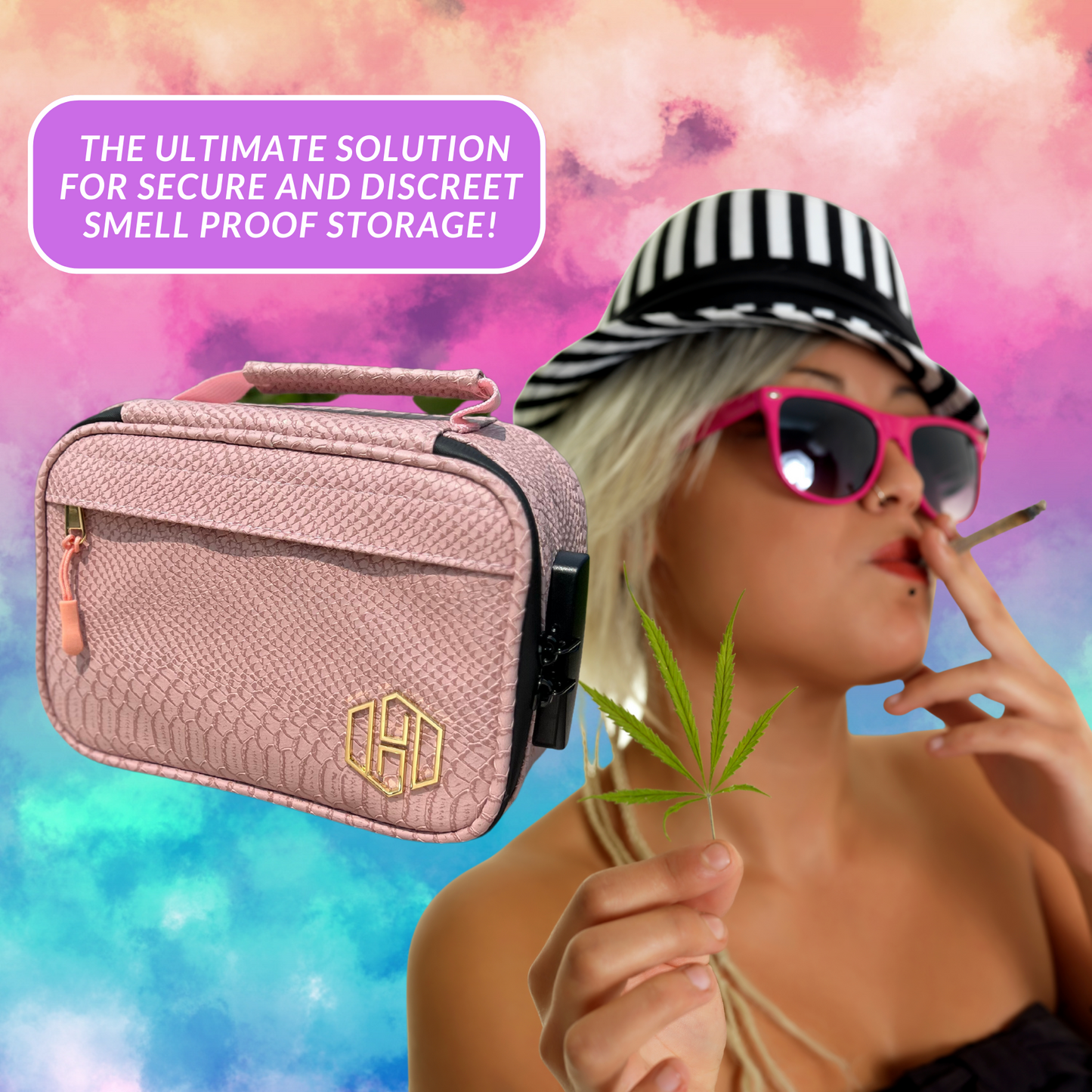 Medium Snake Skin Leather Smell Proof Case with Lock - Pink